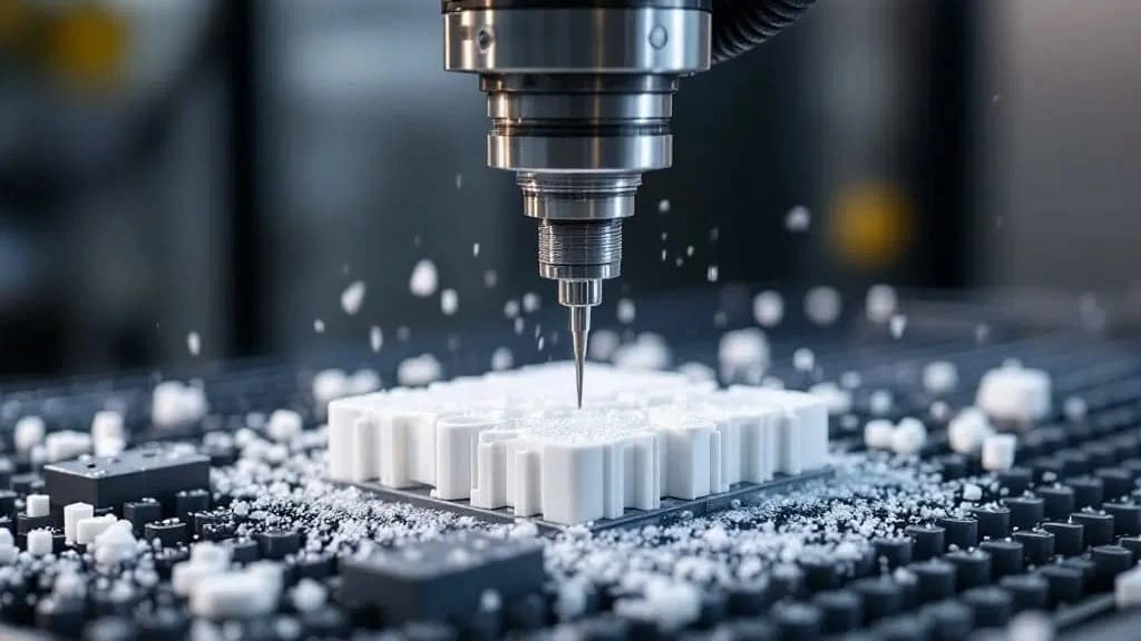 A close-up view of milling an ABS workpiece 