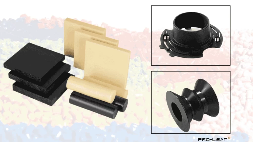 Raw ABS rods and sheets on the left side and machined parts on the right side 