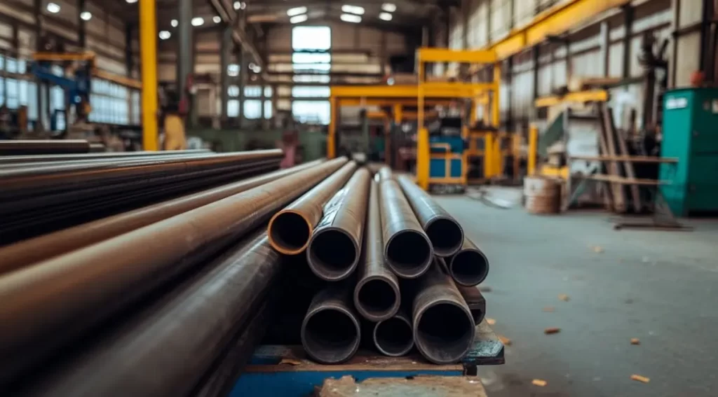 ABS plastic pipes stacked in an industrial manufacturing facility warehouse