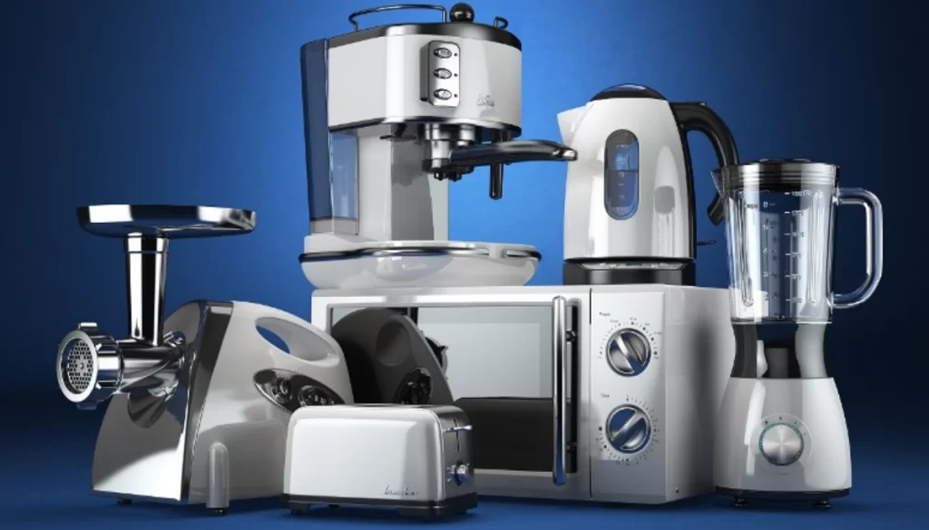 Kitchen appliances with ABS material housings, including an espresso machine, a kettle, a blender, a toaster, and a food processor