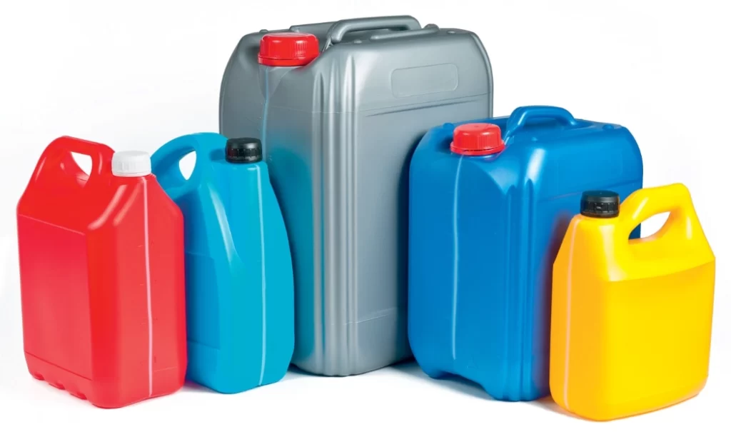 Colorful polyethylene jerry cans in various sizes