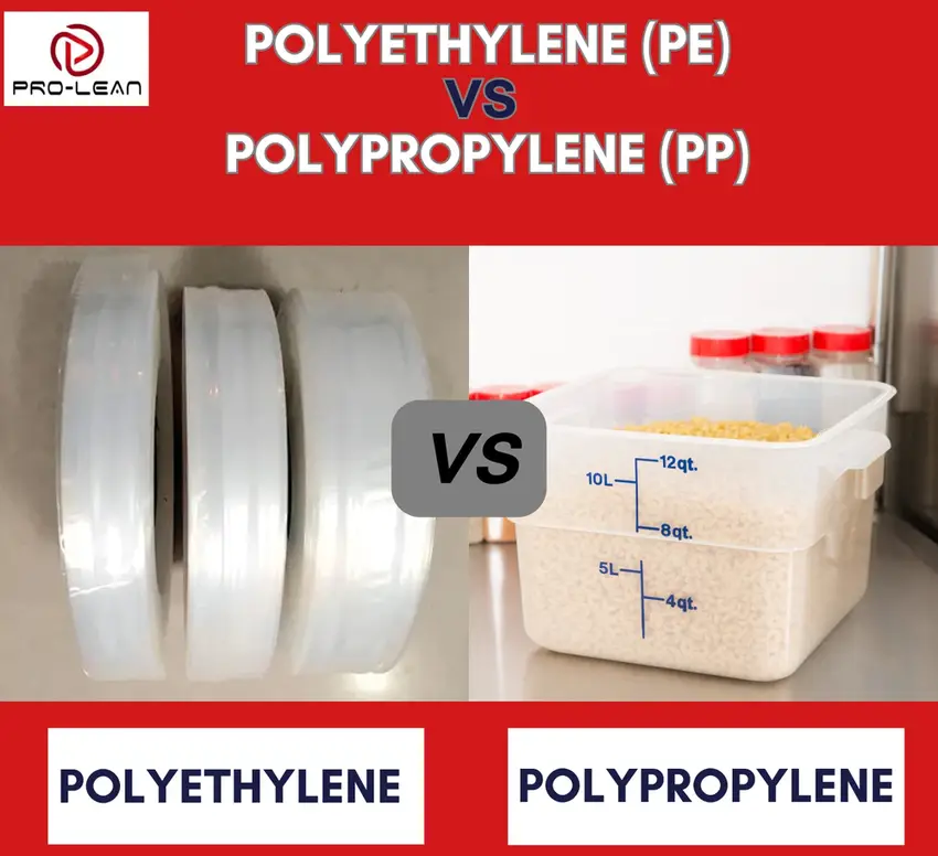 Polyethylene vs polypropylene comparison showing PE roll material and PP food storage container with measurement markings