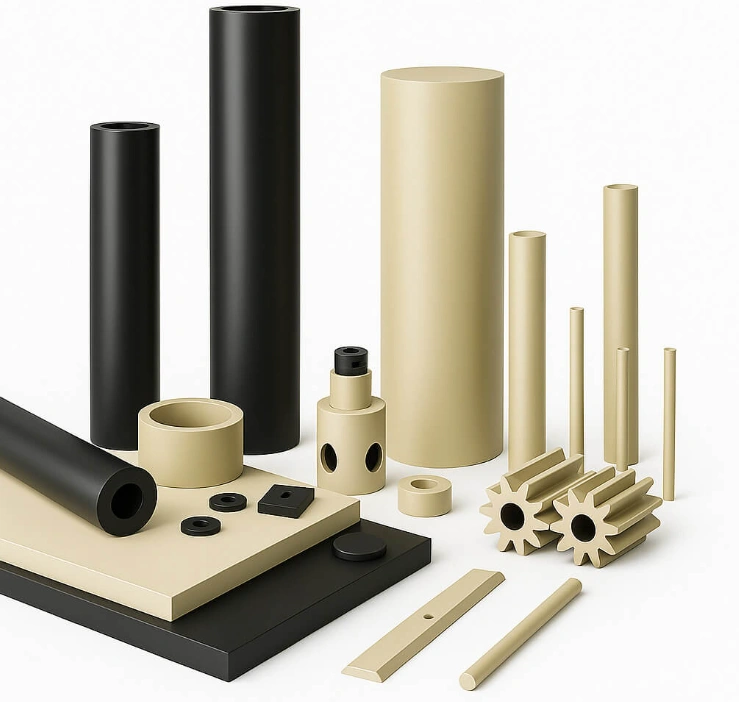PEEK plastic parts, including tubes, gears, and sheets