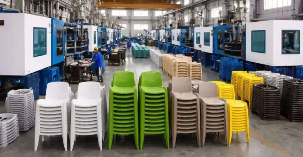 Injection molding factory producing plastic chairs with PP plastic material in various colors