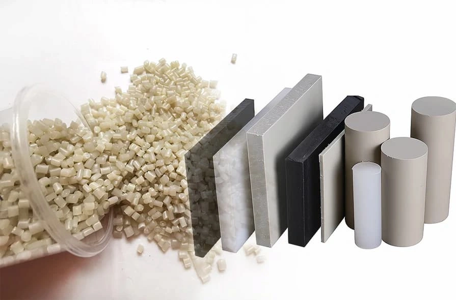 An image showing polypropylene(PP) pellets, sheets, and blocks 
