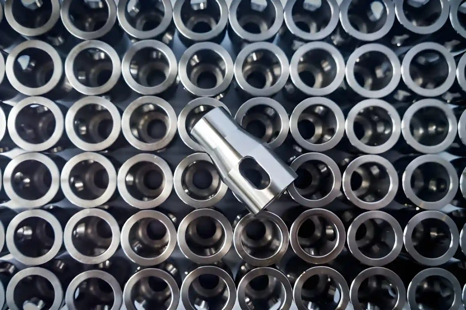 A group of bright polished stainless steel machined components with a reflective finish