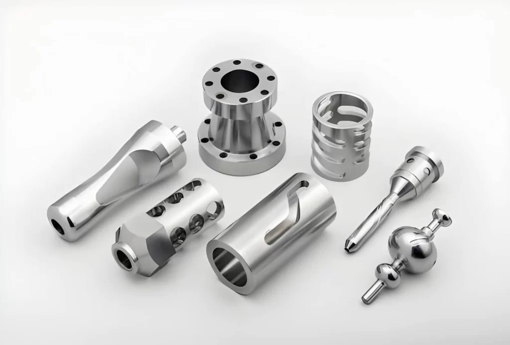 Close-up of precision-machined stainless steel components highlighting detailed surfaces.