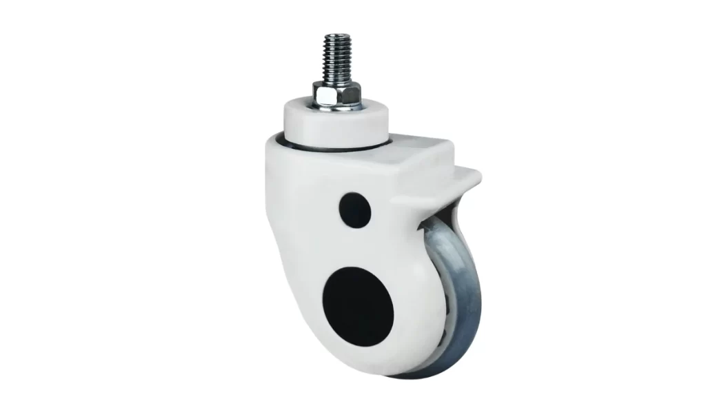 An image of a medical equipment swivel caster wheel with a threaded stem, made with TPR