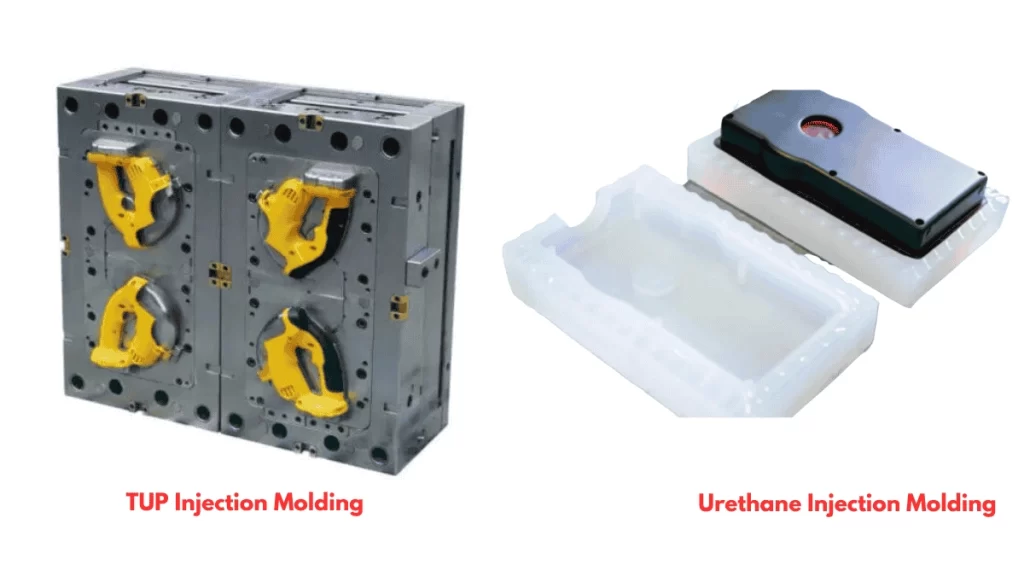 TPU and Urethane injection mold with ready-to-eject part on side-by-side