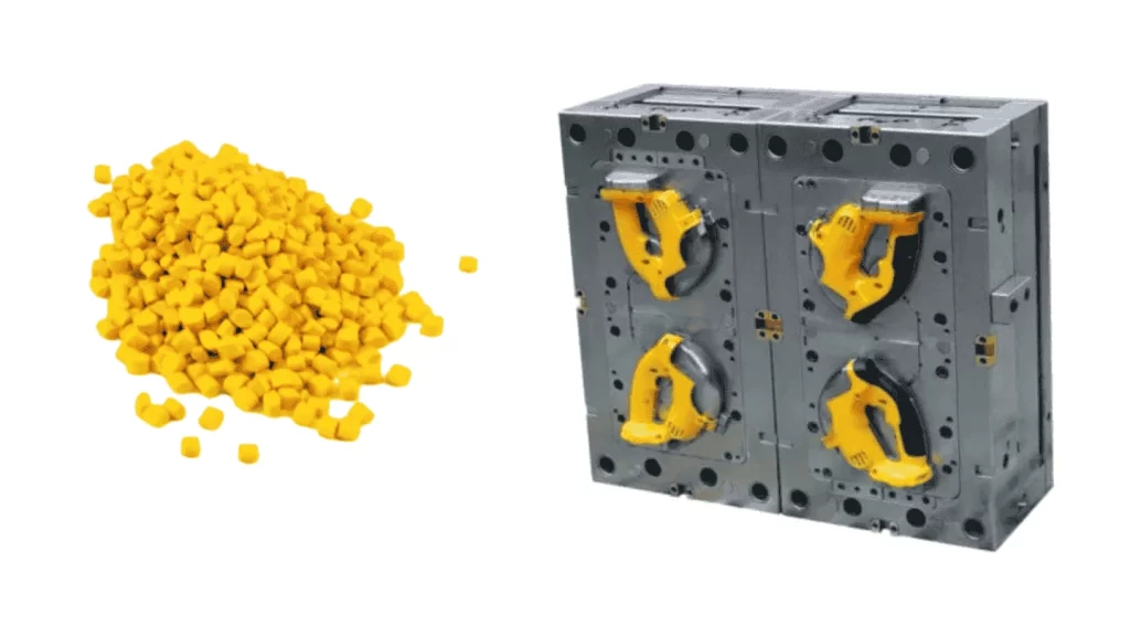 Raw TPU pellets for molding and a half-section view of the injection mold with 2K-shot TPU molding