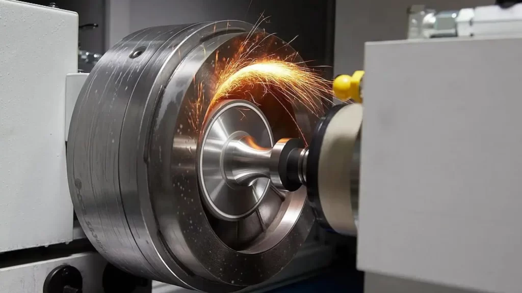 Titanium flange grinding in progress, with bright sparks visible.