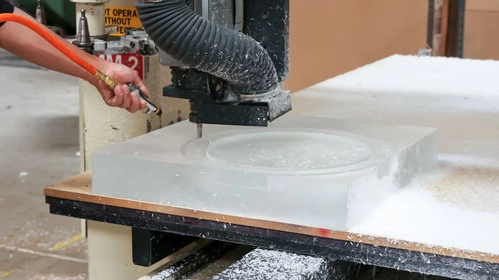 A close-up view of milling large acrylic plastic