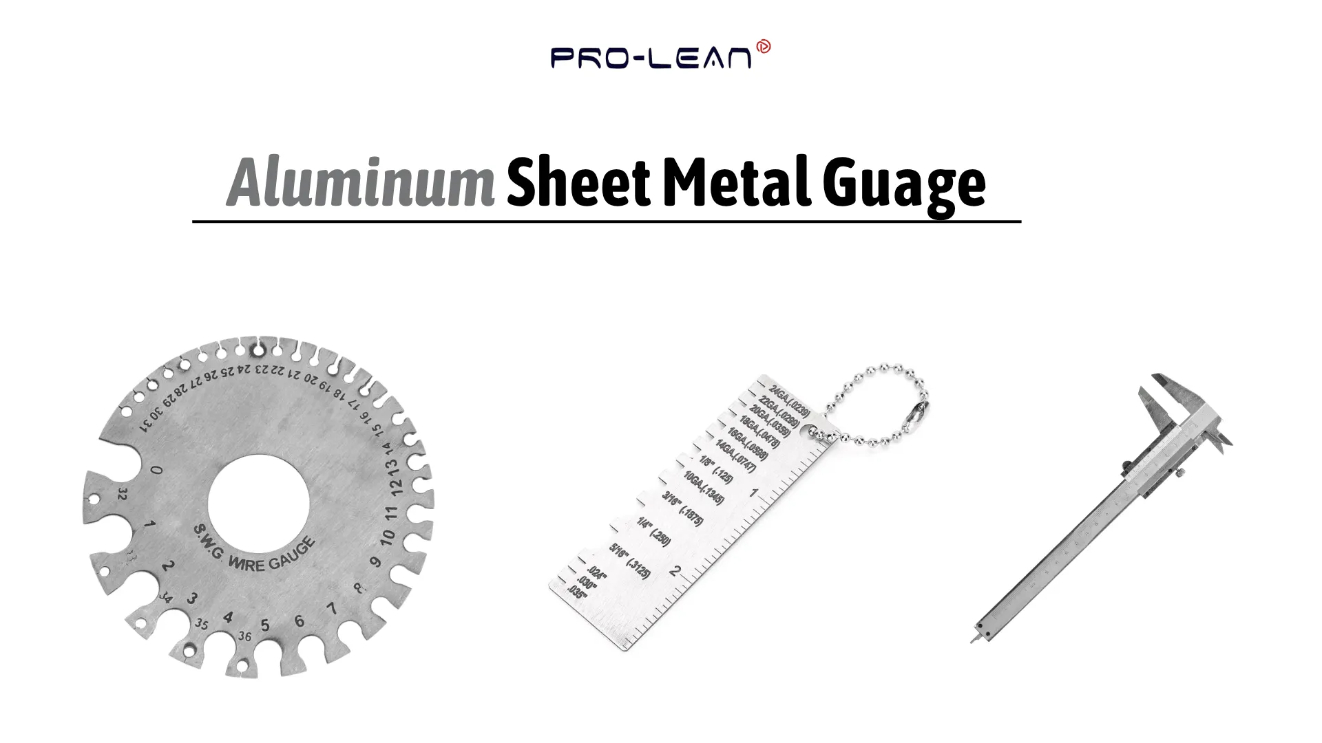 Feature Image with round, linear gauge and vernier caliper alongside bold text (Aluminum Sheet Metal Gauge)