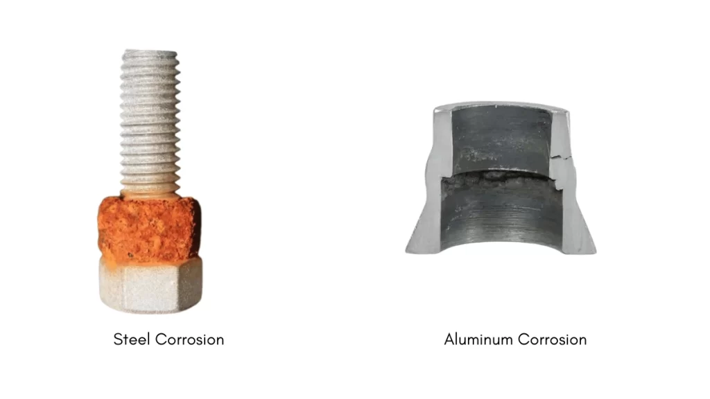 An image comparing corrosion-resistant steel and aluminum parts 