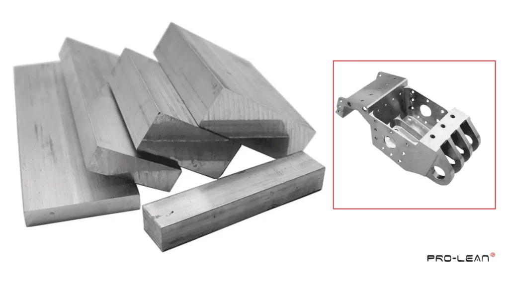 An image of raw aluminum blocks and a machined part 