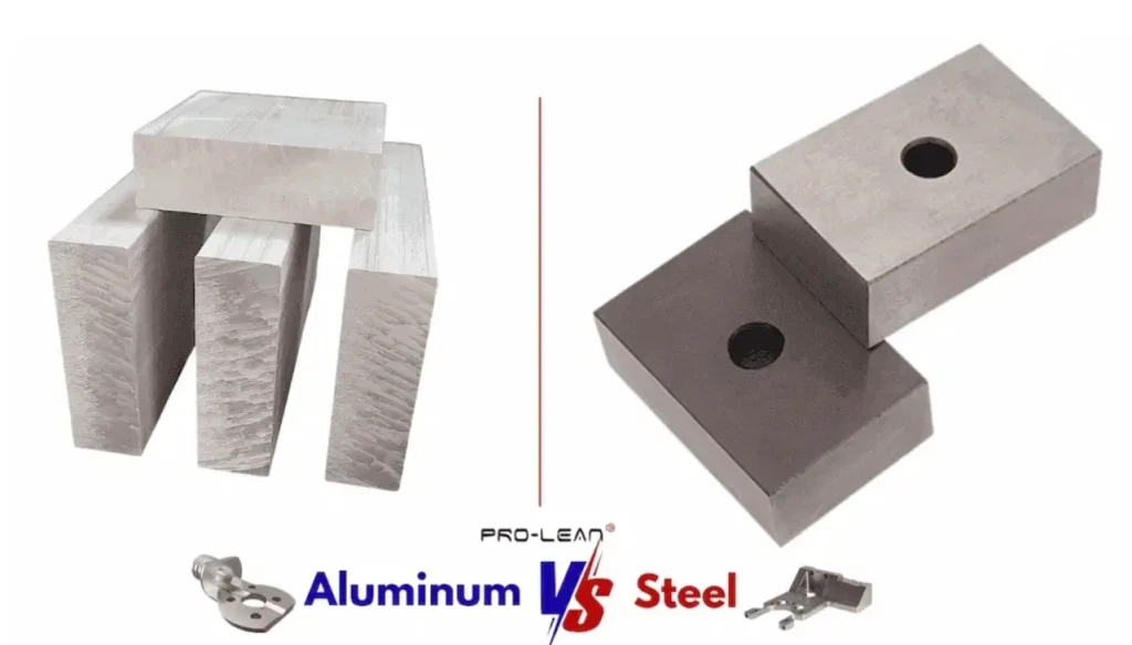 Blog’s feature image comparing aluminum vs steel material blocks with title text