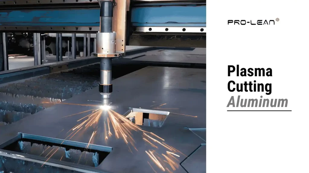 A blog feature image depicting a CNC plasma cutter cutting an aluminum sheet with sparks. The right side of the image contains blog title text for emphasis.
