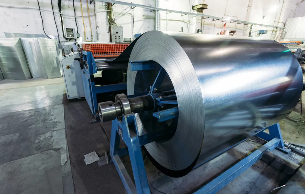 A large roll of thin sheet metal in a factory 