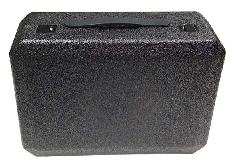 Black injection molded plastic case with granular textured surface finish and integrated top handle and clips