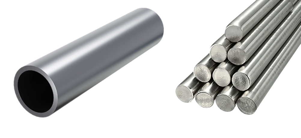A large hollow tube and a pile of ferritic solid rods side-by-side 