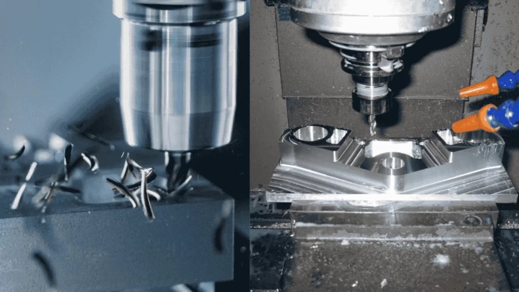 An image showing a close view of steel vs aluminum machining side-by-side 