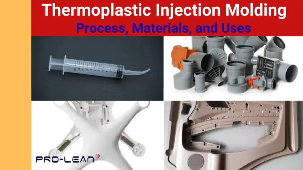 Featured image showing thermoplastic injection molding uses, such as medical syringes, pipe fittings, and drone parts