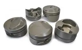 Heavy-duty aluminum pistons with a dark grey Type III hardcoat anodized finish for maximum wear resistance and thermal protection in high-friction environments.
