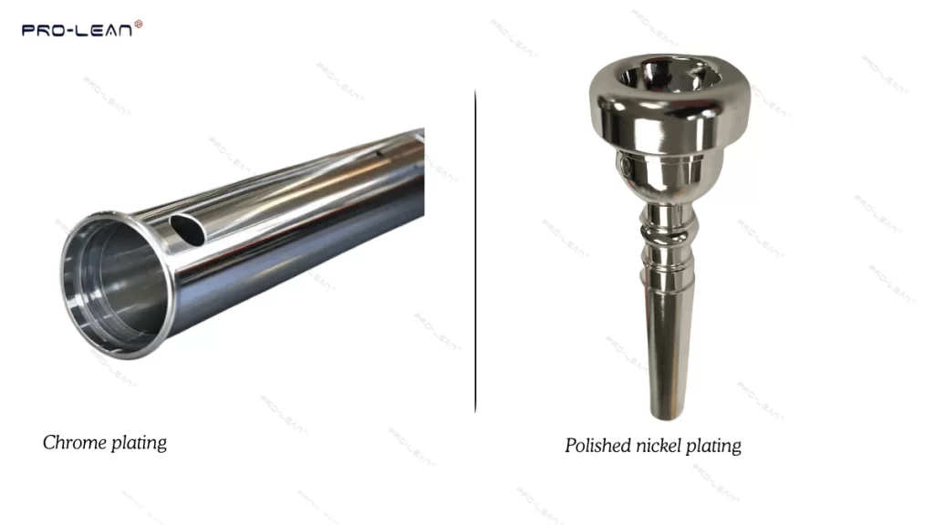 Two parts showing the difference between chrome and polished nickel