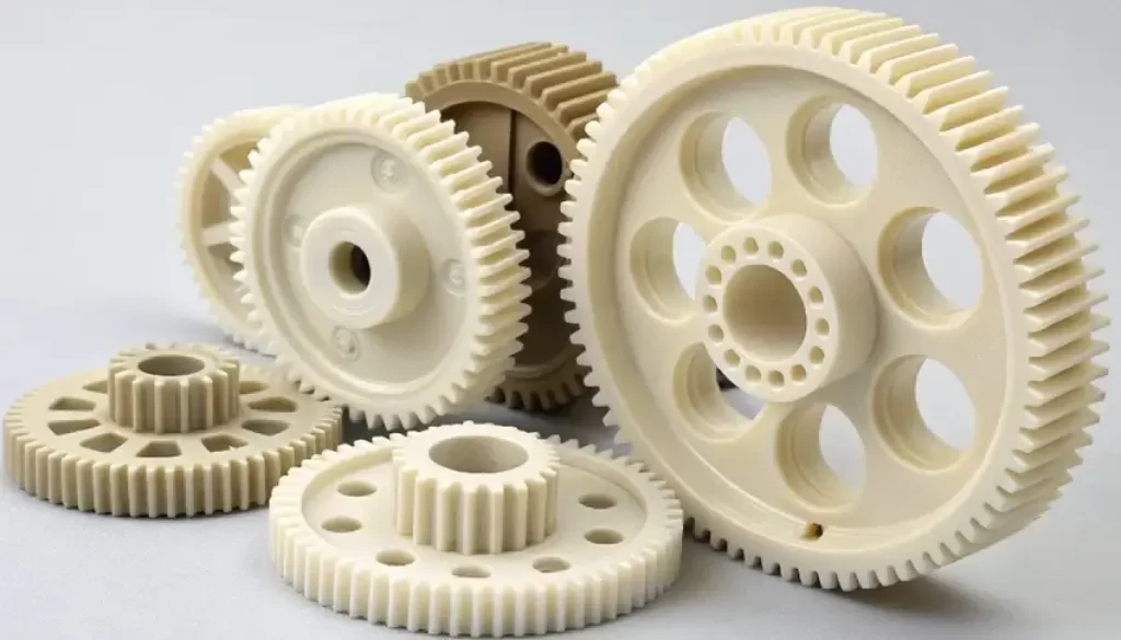 White Delrin spur gears in various sizes, demonstrating low-friction mechanical drive components