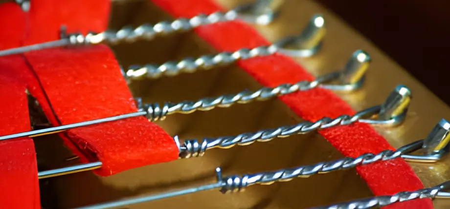 Close-up view of piano strings with twisted wire wrappings, red felt hammers, and metallic hammer heads aligned in a row inside a grand piano.