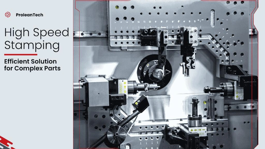 Blog’s feature image; High-speed stamping setup at right and title text at left