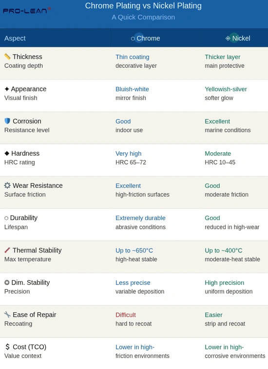 n infographic table comparing different aspects of Nickel and chrome plating