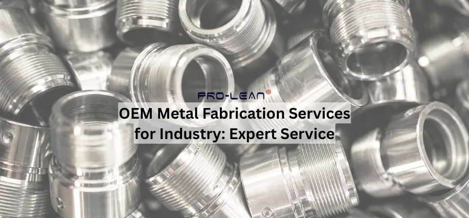 Close-up view of numerous precision-machined metallic cylindrical components with threaded ends, overlaid with text OEM Metal Fabrication Services for Industry: Expert Service.