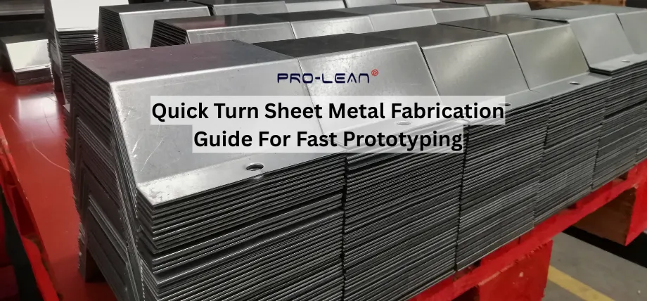 Stacks of freshly fabricated galvanized sheet metal prototype parts arranged on pallets, with text “Quick Turn sheet metal fabrication guide for fast prototyping”
