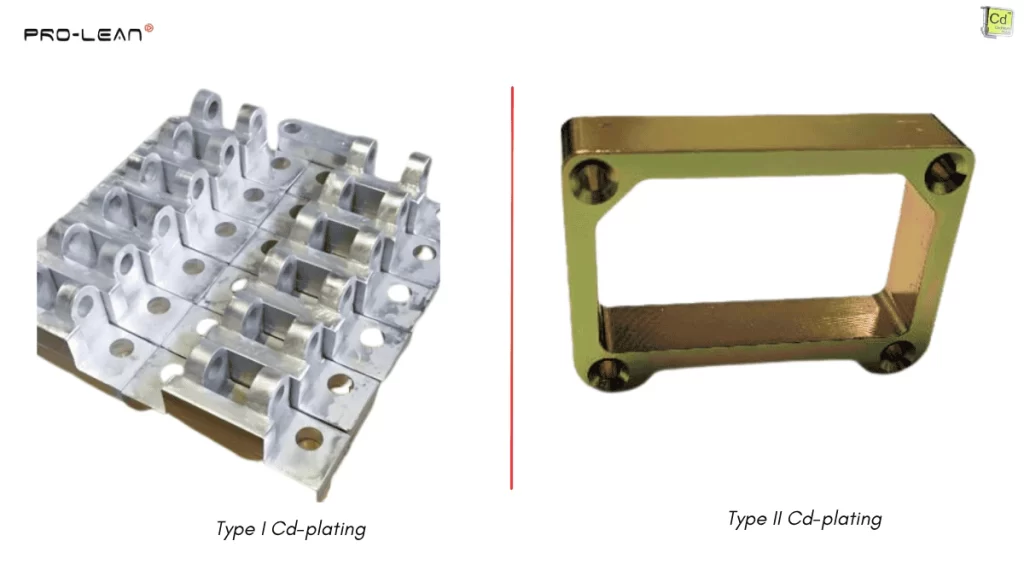 Two custom parts showing Type I and Type II Cadmium plating colors 