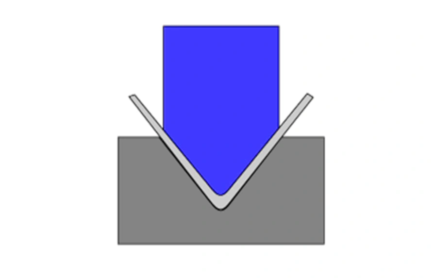 Metal stamping coining process showing the workpiece between a punch and a die
