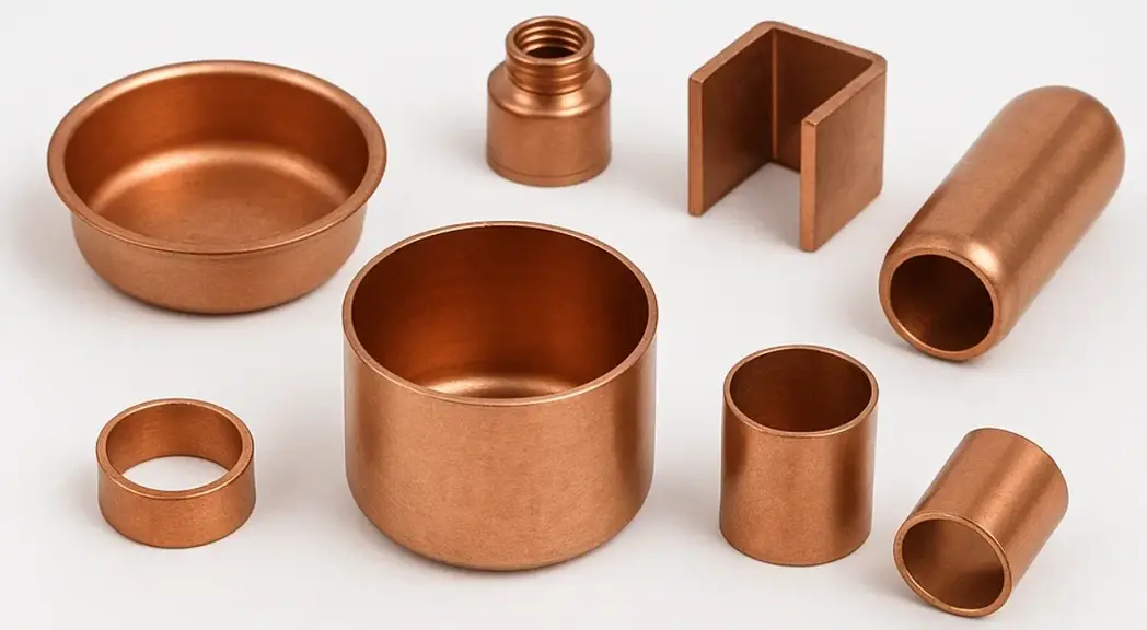 Assortment of copper deep-drawn parts in various shapes and sizes