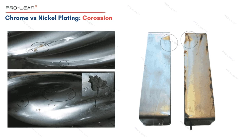 An image comparing  corrosion in nickel plated vs chrome plated components