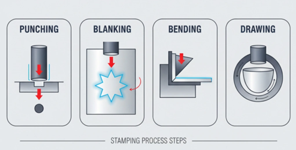Four main metal stamping steps: punching, blanking, bending, and drawing