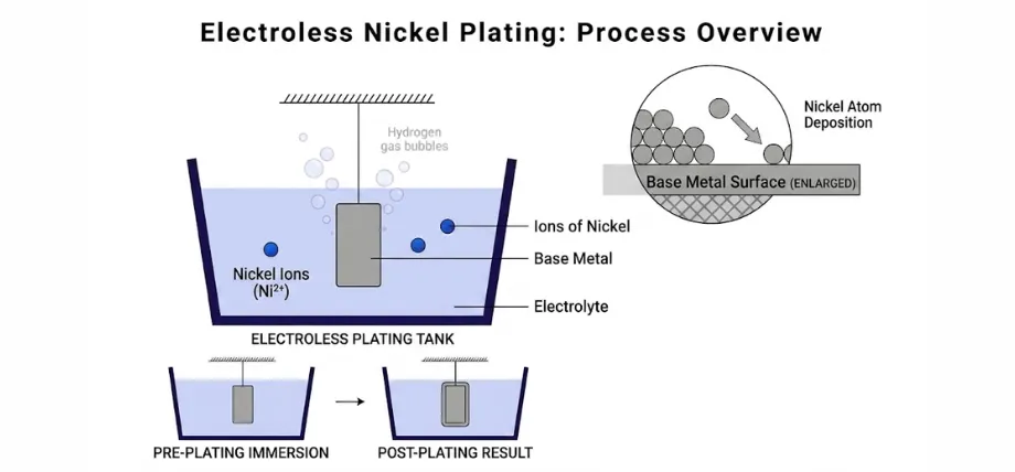 A schematic diagram illustrating electroless nickel plating, showing a base metal in a tank and an enlarged view of atom deposition.