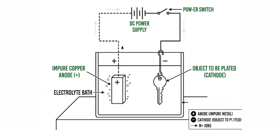 A technical schematic of the electroplating process showing a DC power supply, a copper anode, and a key serving as the cathode.