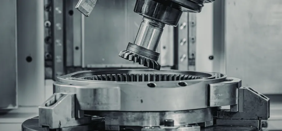 Close-up of a precision gear hobbing machine in action, with a rotating hob cutter
