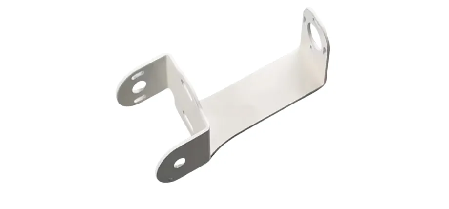 A cleanly fabricated white powder-coated metal bracket with multiple mounting holes and bent sections