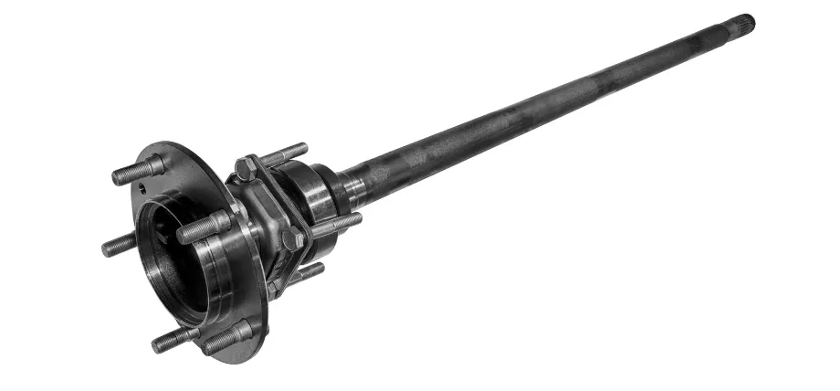 A metallic rear axle shaft assembly with a flange, mounting studs, and splined end, typically used in vehicle drivetrains.