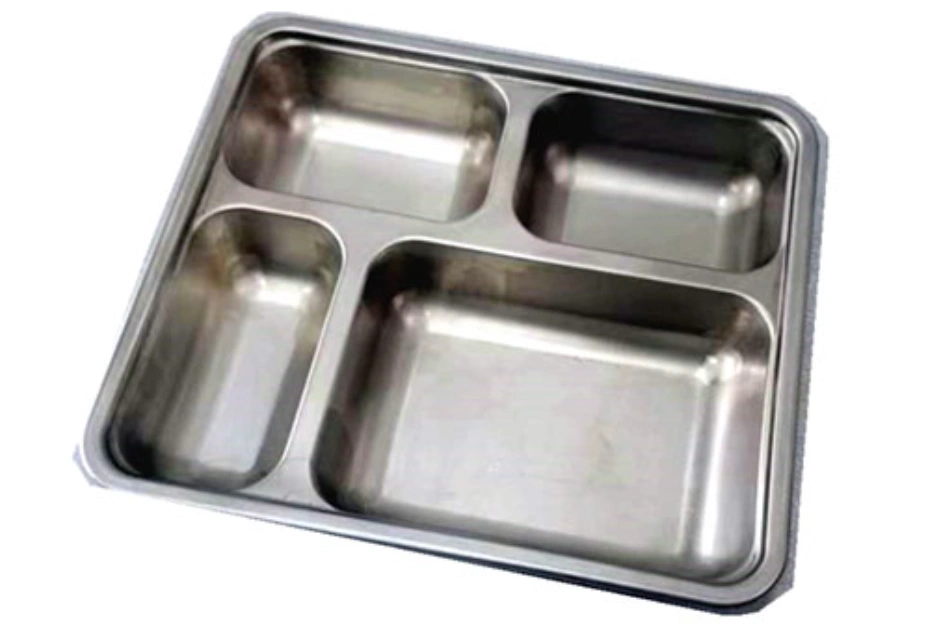 Stainless steel deep-drawn compartment tray with multiple sections