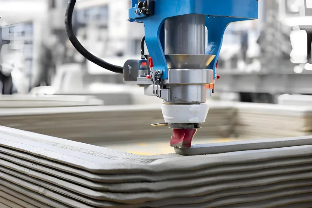 The image shows an industrial 3D printing machine constructing a building wall using layer-by-layer deposition of concrete or cement-based material.