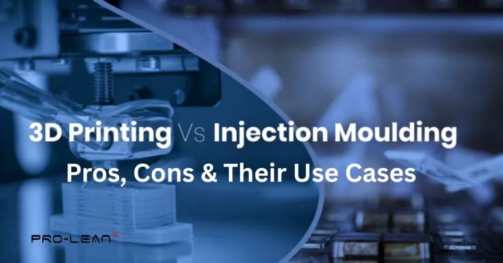Featured image of blog with text “3D Printing Vs Injection Molding: Pros, Cons & Their Use Cases” and ProLeanTech logo