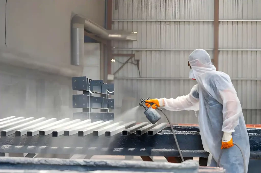 The image shows a worker painting metal bars in a factory.