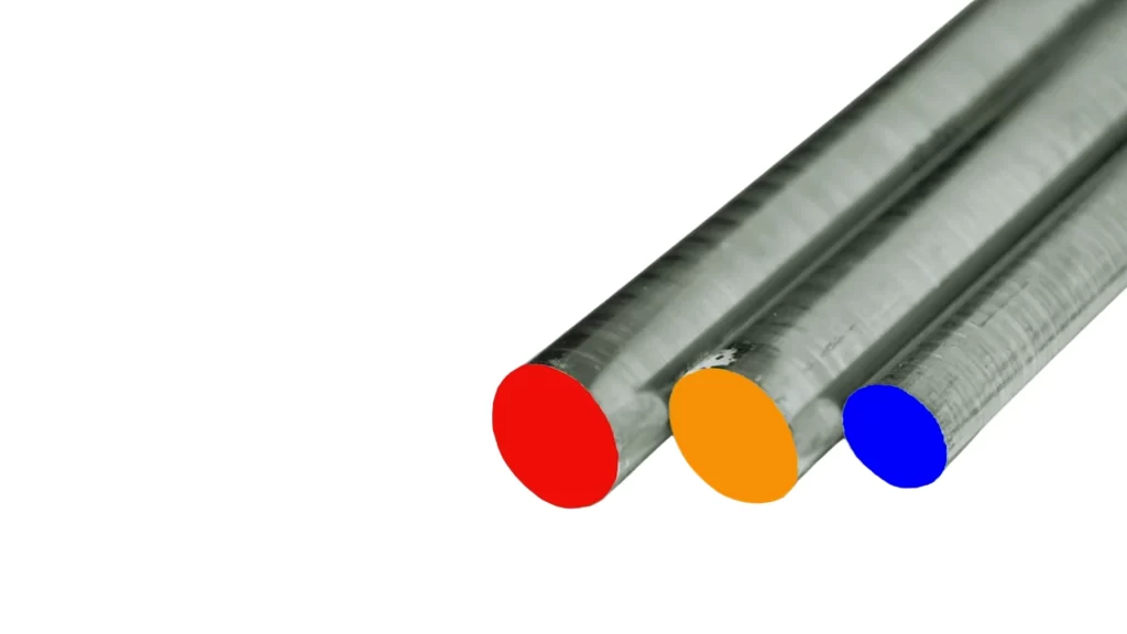 Colored-tipped A2 tool steel rods (orange, blue, red).
