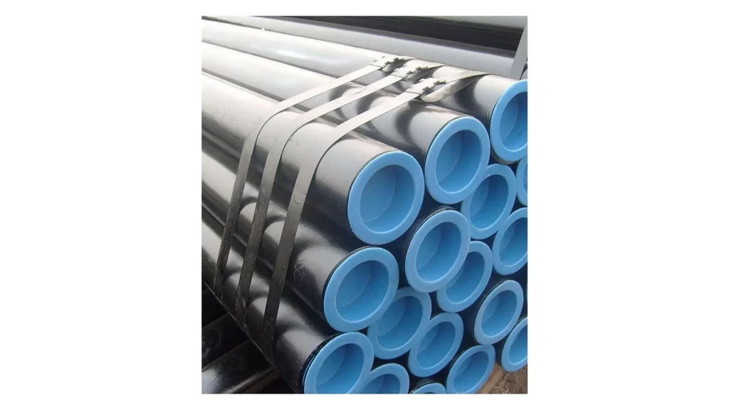 Alloy steel pipes arranged vertically and tied by the rope.